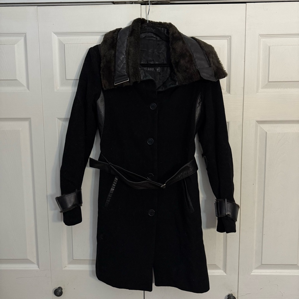 RUDSAK Wool and Leather Black Long Coat Small